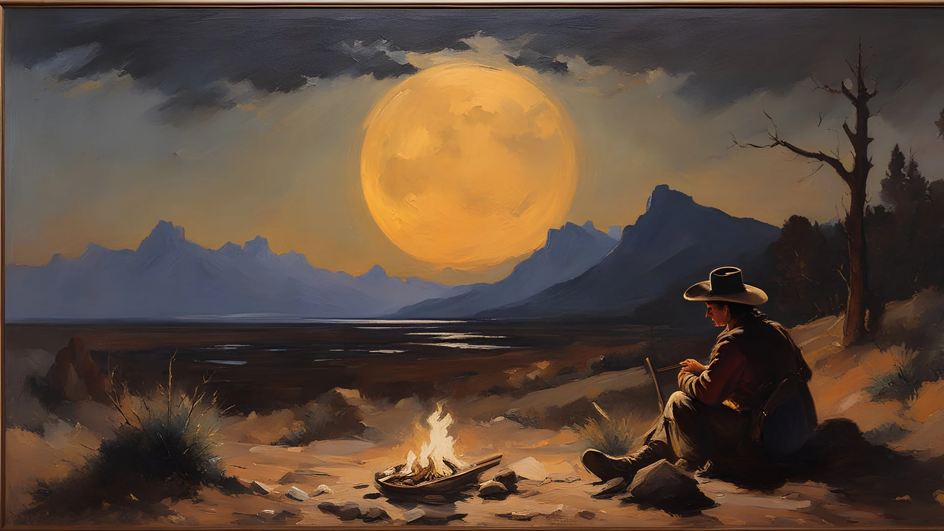 chalk on vermillion canvas oil painting, a lone cowboy sitting by a campfire late at night, half moon, Johnson Moonlight Technique, dramatic landscape, Old West, by Frank Tenney Johnson, Charles Marion Russell, Frederic Remington, muted colors, immersive