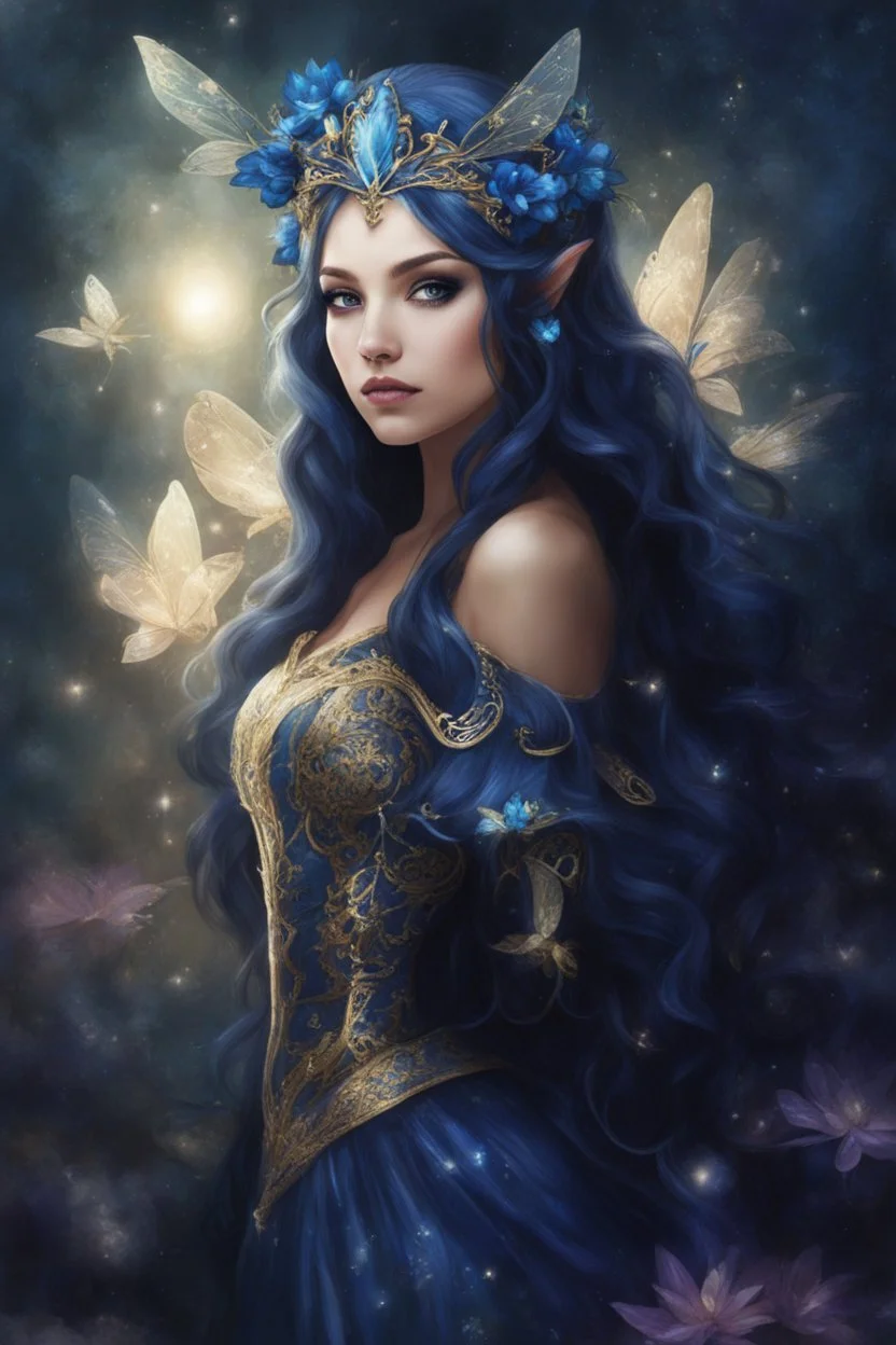 Midnight blue,Dark blue hair,night,dark fairy princess ,elven crown,elven ears,sparkle,glitter,gold armor,dragonflies,rapunzel hair,water lilies