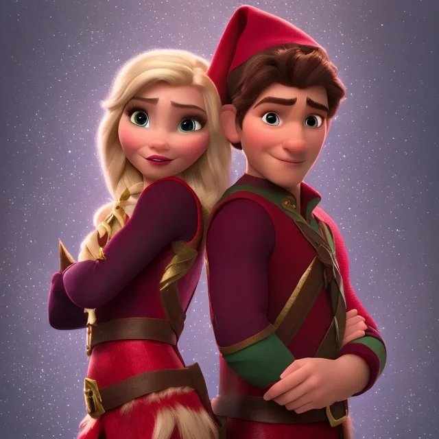 two elves. woman and man. Christmas scene. poster. marvel comic. low-key