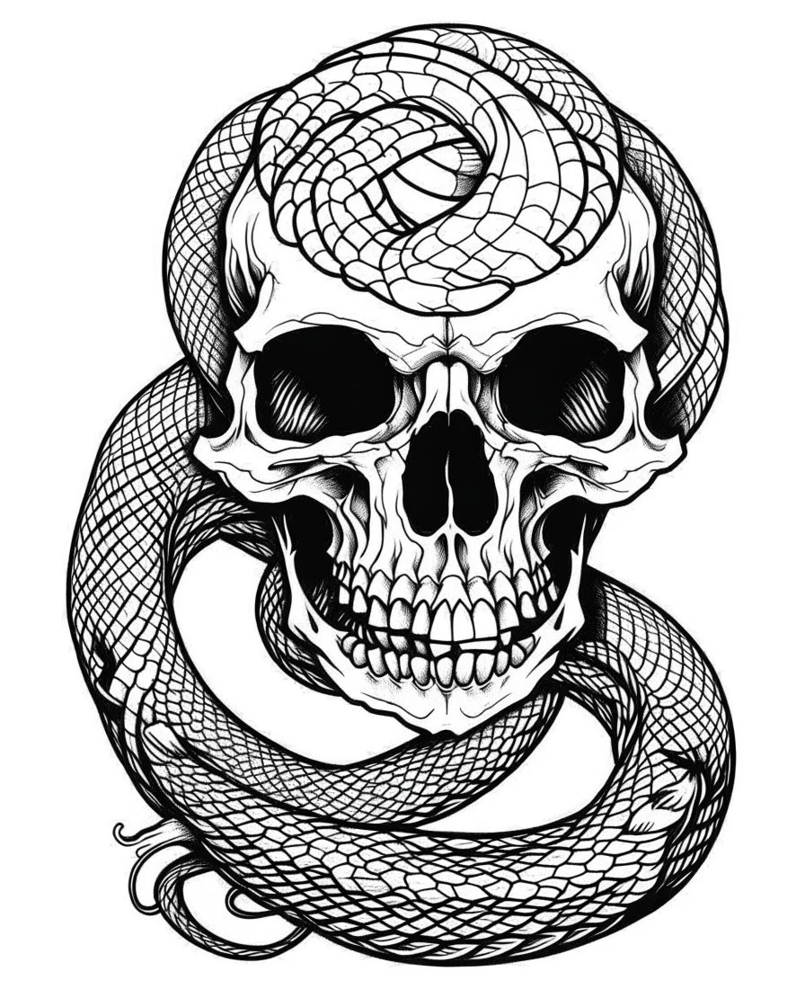 skull with snake tattoo idea, line art, background, vector, svg, coloring book page style, black outline on white background, leave plenty of white space beetween lines for coloring, minimalist, tattoo style, tattoo idea