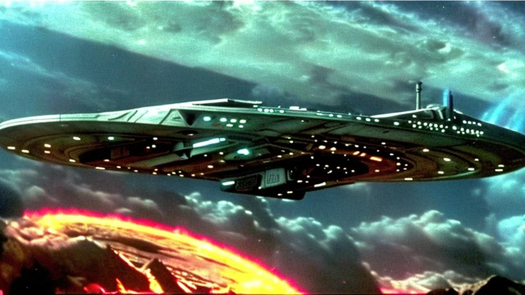 a screen capture from a star trek movie of a battle-damaged starship enterprise IN the year 2380 IS IN A BATTLE with monster ufos sci-fi meticulous, highly-polished, photorealistic, studio production, intricately detailed, GALACTIC, directed by gene Roddenberry, looking down and from the left rearcorner,visiblaftalsdjfafterburner