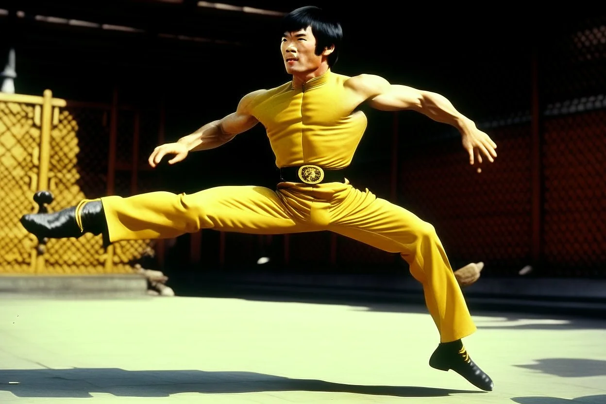 bruce lee,,in,his,prime,doing,flying,kick