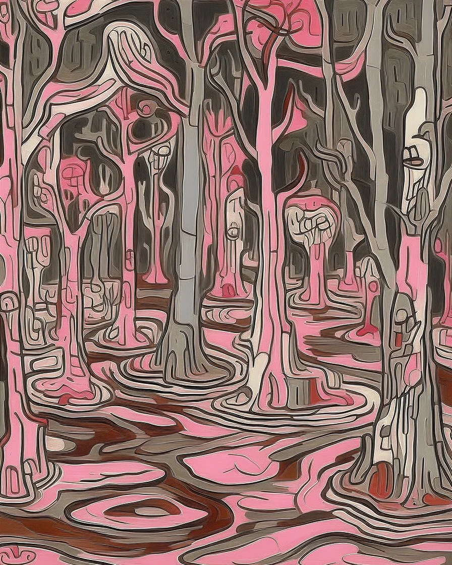 A pink underworld with dead trees painted by Jean Dubuffet