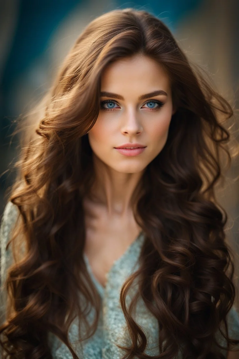 Portrait of a pretty18 year old girl with long wavy chocolate brown hair, swept over her left shoulder. Blue eyes.