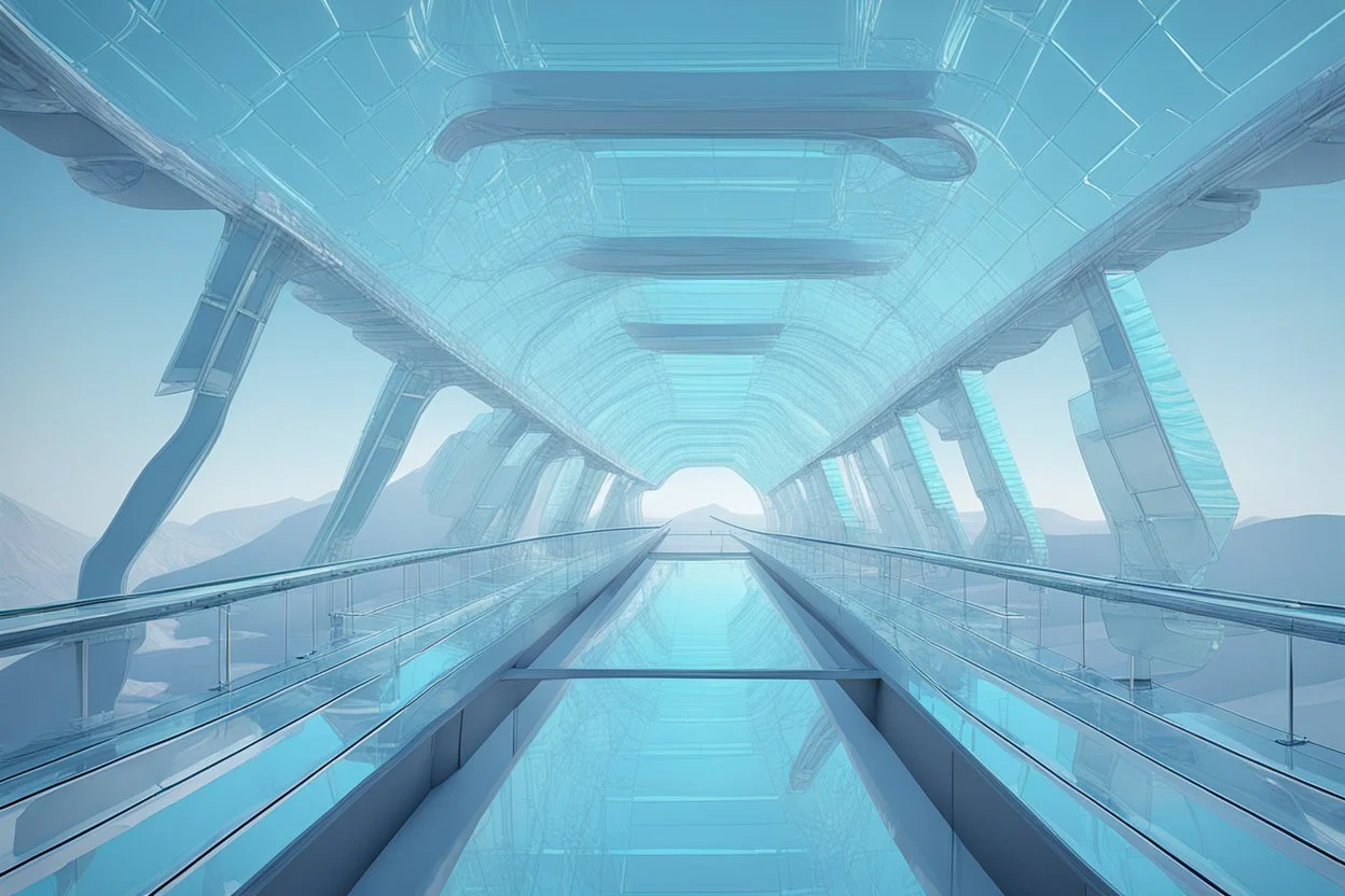 a futuristic glass bridge made of glass by architect "Science-Fiction",by artist "meltingness";by artist "3D textured embossed relief shadows";steamnouveau;glitchcore""