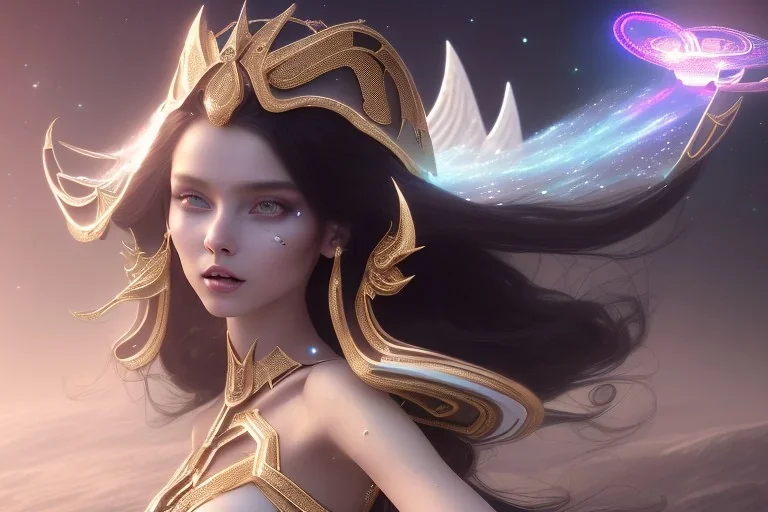  beautiful cosmic woman, long black hair, nice smiling, magic glamour make up, delicate colors, beautiful glamour galactique dress, ultra sharp focus, 8k, unreal engine 5, extremely sharp detail, light effect, soft light atmosphere of a spaceship, smooth, full of details, face in front, complete vision of face and hair and body