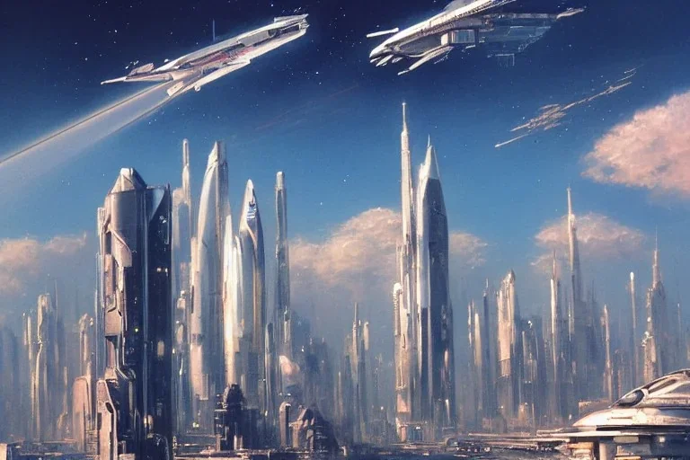 A Spaceship is taking off,Space Center on a heavy industrialized planet with a futuristic city in the background, (retrofuturistic:2), art by John Berkey, buildings with glass facades, brutalist architecture, insanely detailed, vibrant, 8k uhd, cinematic atmosphere, ultra-wide angle, street level view, brush strokes, blue sky with clouds, sharp focus