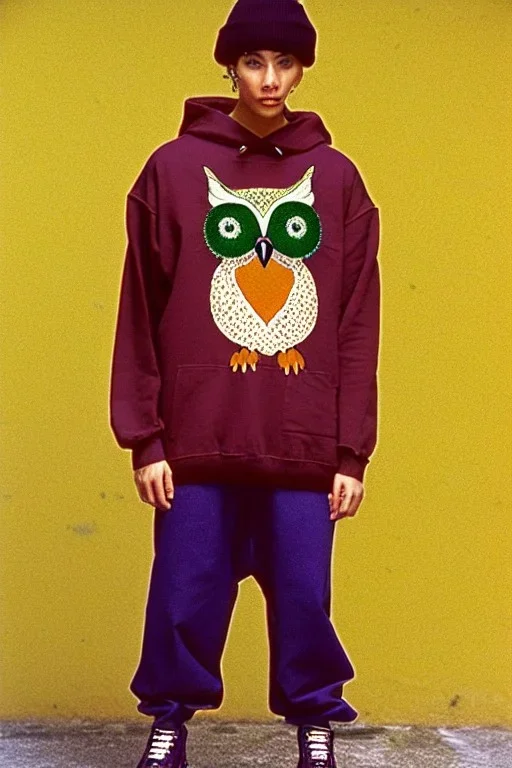 year 1994 fashion. Loose fit, "combat pants" with low waist, baggy, Combat pants, t-shirt and interesting hoodie. Colors: denim blue, blue, purple, khaki, light green, lilac, plum, orange, terracotta, red, pink, dark blue, beige. Women models. Patterns: owl, Sturnus vulgaris pattern prints.Jennifer Lopez, Gwyneth Paltrow, . Big tennis shoes on. Cargo pants.