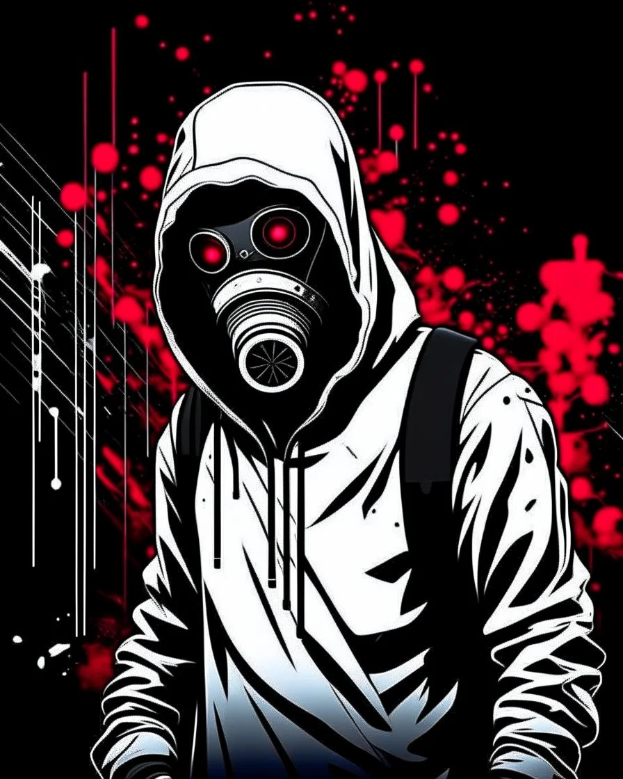 Banksy style. Vibrant and dynamic masterpiece of a hooded and gas masked killer Cyborg, his eyes are intense. Red, white and black colors, full body