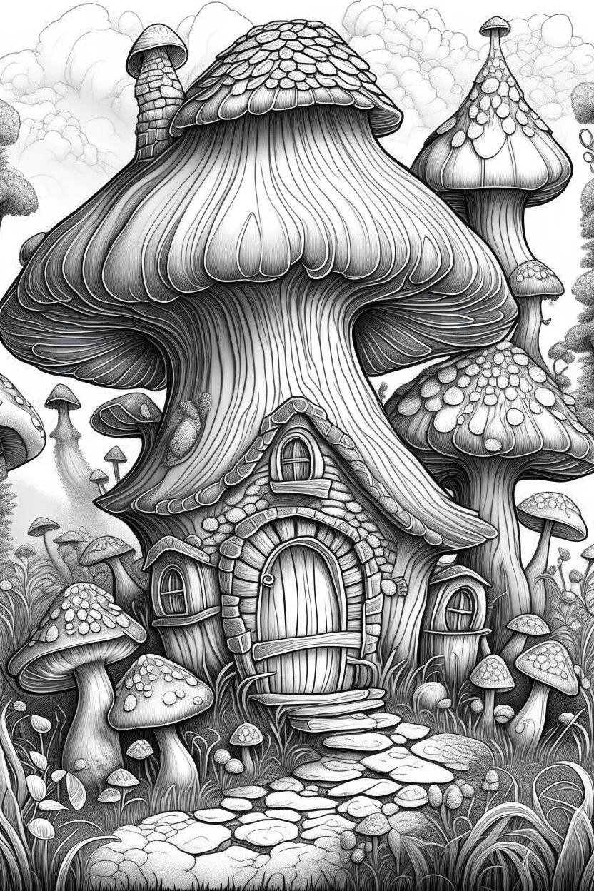 MANDELA STYLE .Mushroom houses Coloring Book for Adults and Kids, Instant Download, Grayscale Coloring Book