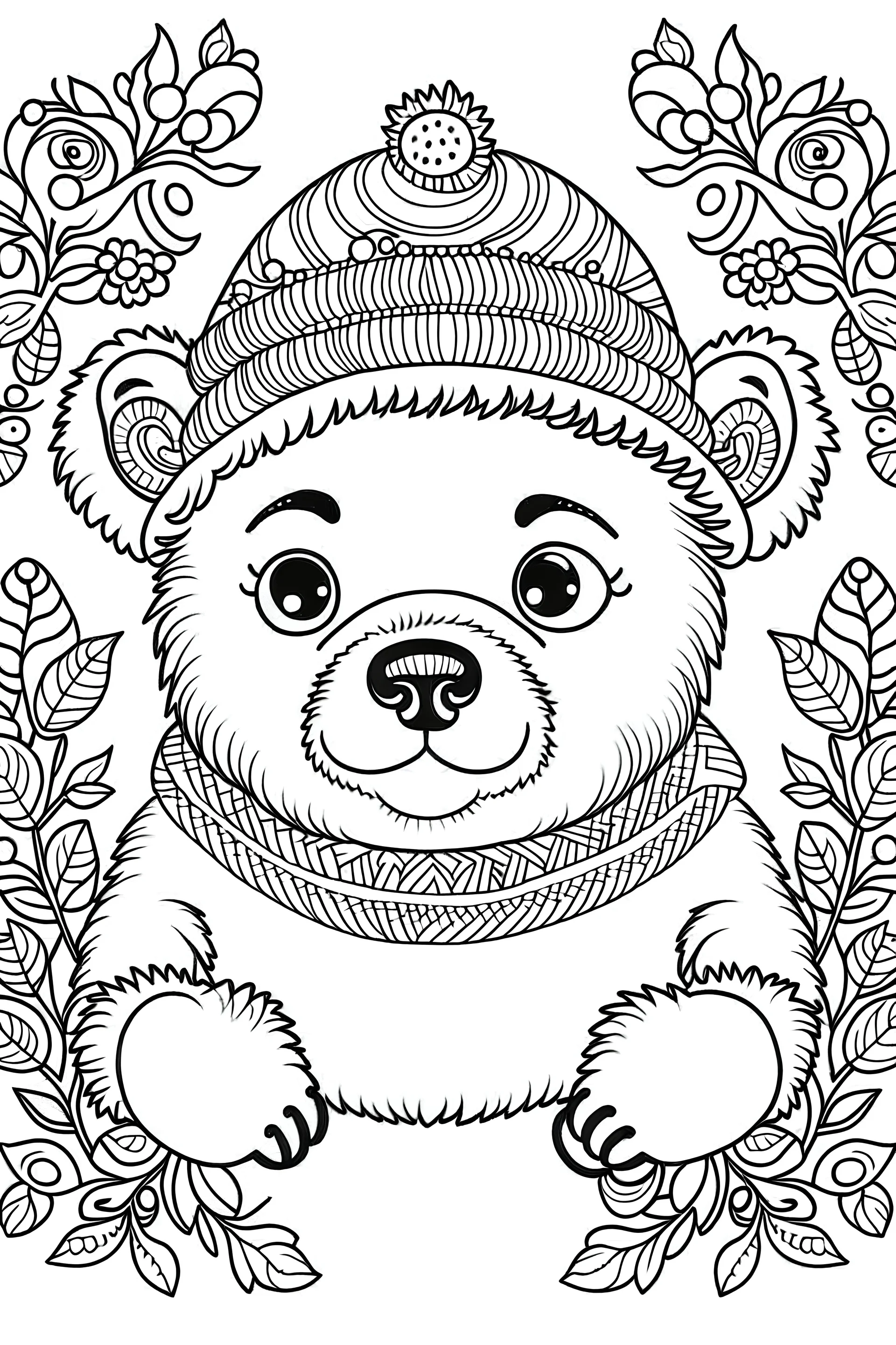 An outline art for coloring page of a full and perfectly centered image of a cute baby bear wearing a cap n Christmas garlands and snow, a very thin black lines and large white blanks