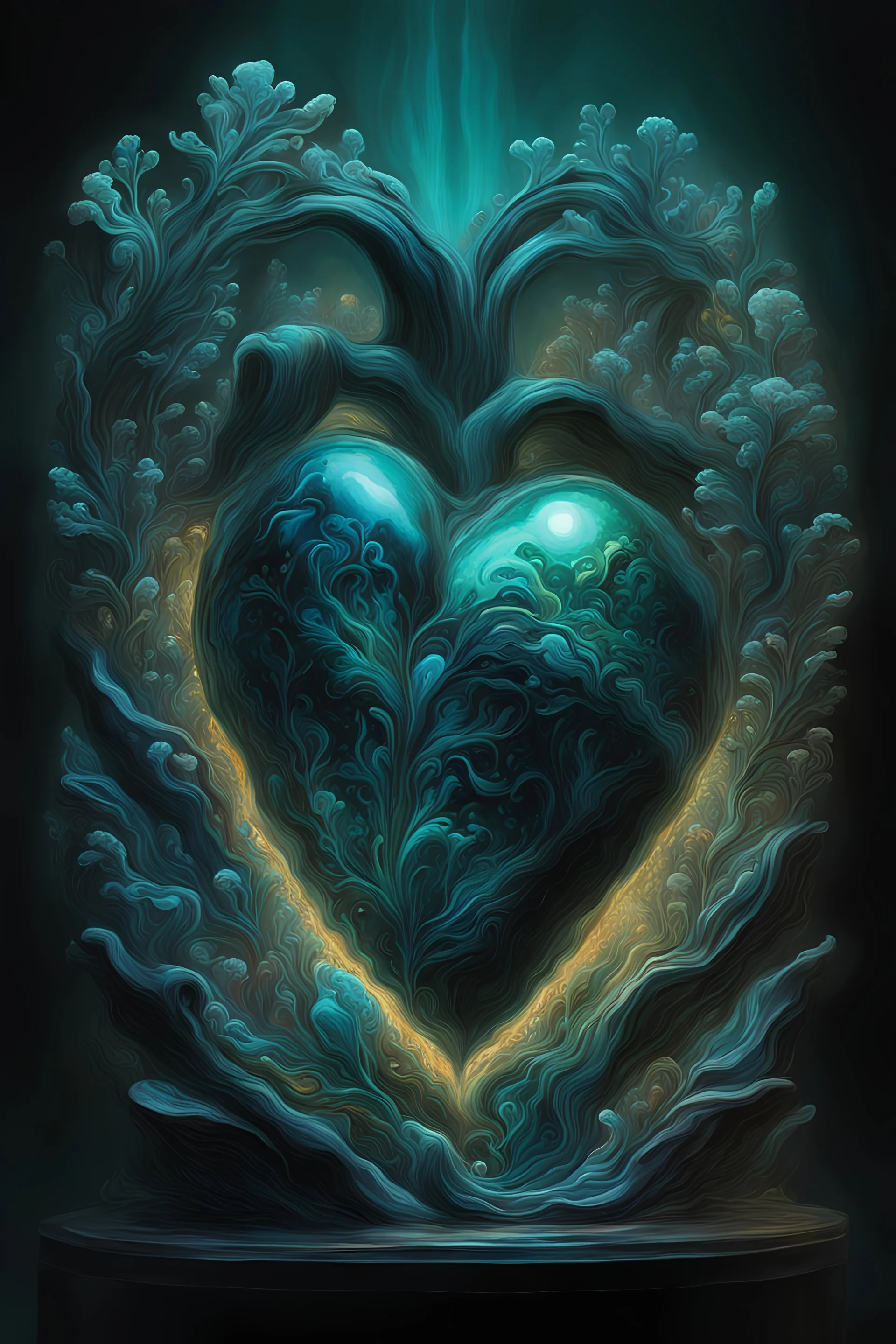 An image that expresses the essence of the heart.Ultra detailed illustration of a magical world of wonders, glowy, bioluminescent flora, incredibly detailed, pastel colors, handpainted strokes, visible strokes, oil paint, art by Mschiffer, night.Ultra detailed shot of a dark sculpture made out of emerald obsidian and dark matter, incredible sculpture of a unique creature, 3D render, translucent skin with subsurface scatter, endlessly fractal, aura melting dimension, light reflection on crystal o