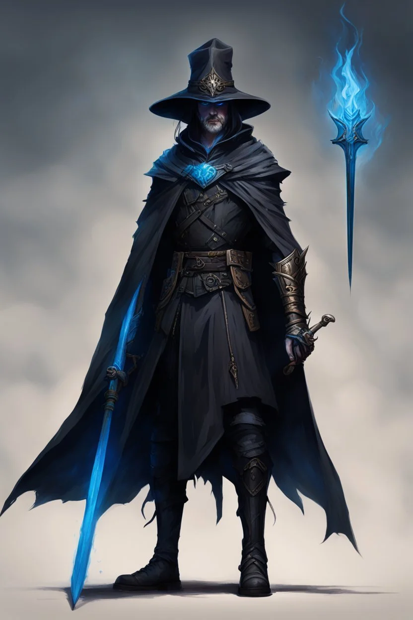 The commander wears a black cloak and a long coat with long combat boots and a long spear with a hat under his cloak with blue flame eyes, a sword like a spear