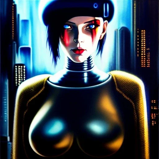 fullbody portrait in oil on canvas ,beautiful female robot, ominous, intense stare, sad eyes, post-apocalyptic in a cyberpunk city, ghost in the shell, Akira, BladeRunner movie poster, Flying car, masterpiece, realistic, intricate detail, sci-fi fantasy style, volumetric lighting, particles, highly detailed ,cinamatic , deep colours,8k, by Kaare Andrews and caravaggio, signed YAK