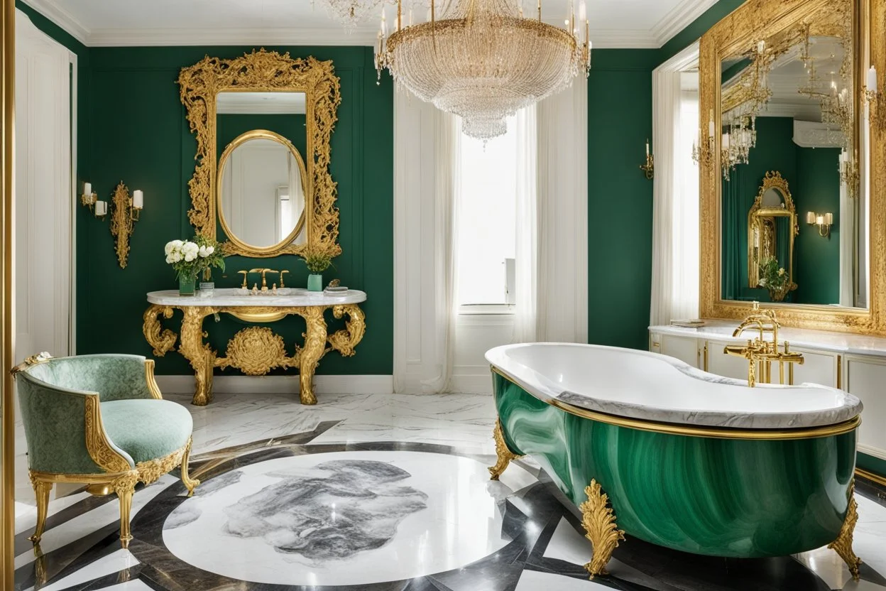 Malachite bathroom with a white marble bathtub on gold baroque legs, a marble sink with a gold vase faucet, and a gold-framed oval mirror with a gold towel holder, in an eccentric, luxurious style, high fetailed, cinematic