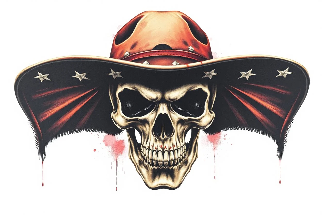 front facing skull (angry, wearing a wide confederate hat), airbrush on white background'