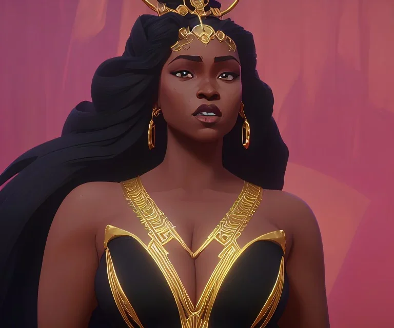 Mel. A beautiful curvaceous black woman with long straight curly black hair, wearing a gold crown, and a gold intricate detail gown, yoruba culture, orixa, magical, ethereal, sharp lighting, cimematic lighting. Painting, high quality, Ultra quality 8k.