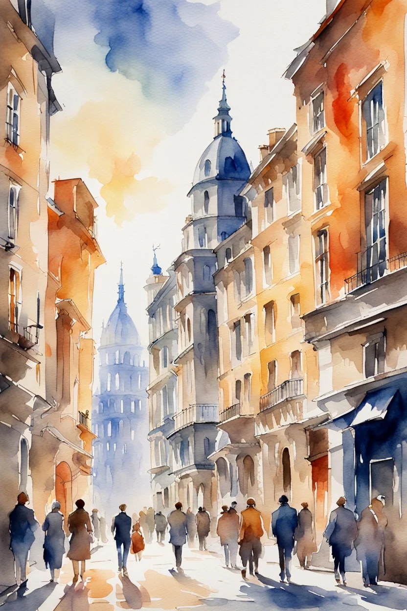 beautiful watercolor painting of famous structures, european cities, and buildings, people on the street, 16k, ultra HD, sunlight