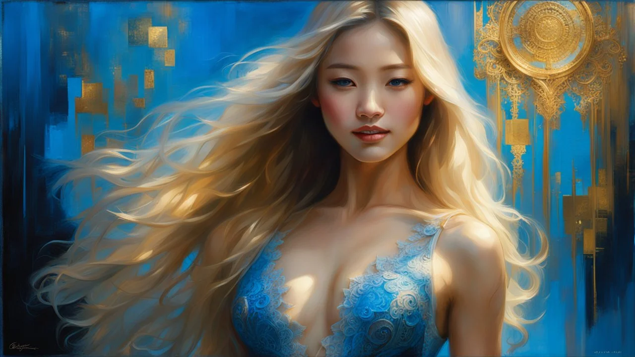 In Casey Baugh's evocative style, art of a gorgeous young smiling asian woman full body with long blonde hair, blue eyes , beautiful chest, and ass, futuristic, transparent blue lace, elegant, highly detailed, majestic, Baugh's brushwork infuses the painting with a unique combination of realism and abstraction, greg rutkowski, surreal gold filigree, broken glass, (masterpiece, sidelighting, finely detailed beautiful eyes: 1.2), hdr, realistic painting, natural skin, textured skin,