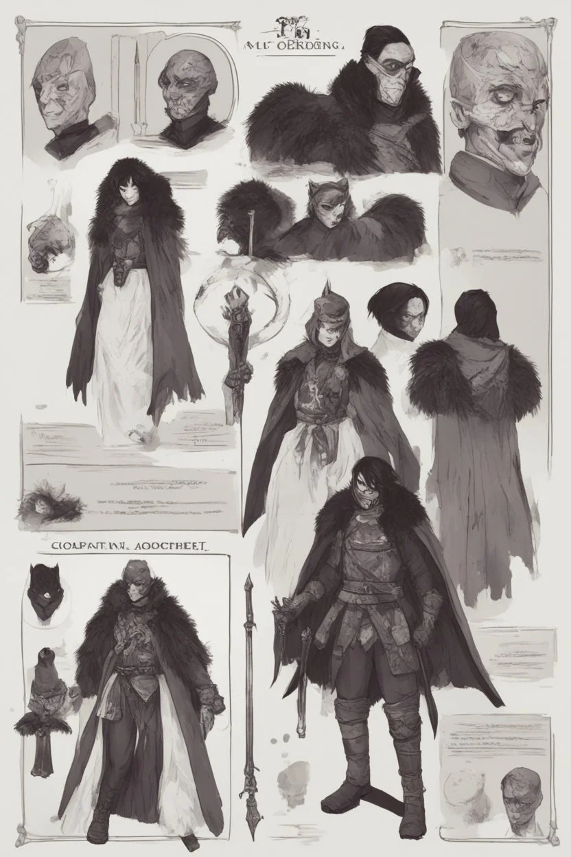 A dnd character sheet. A woman dressed for the cold north dressed in dark furs, with black hair. Death cleric wearing a mask