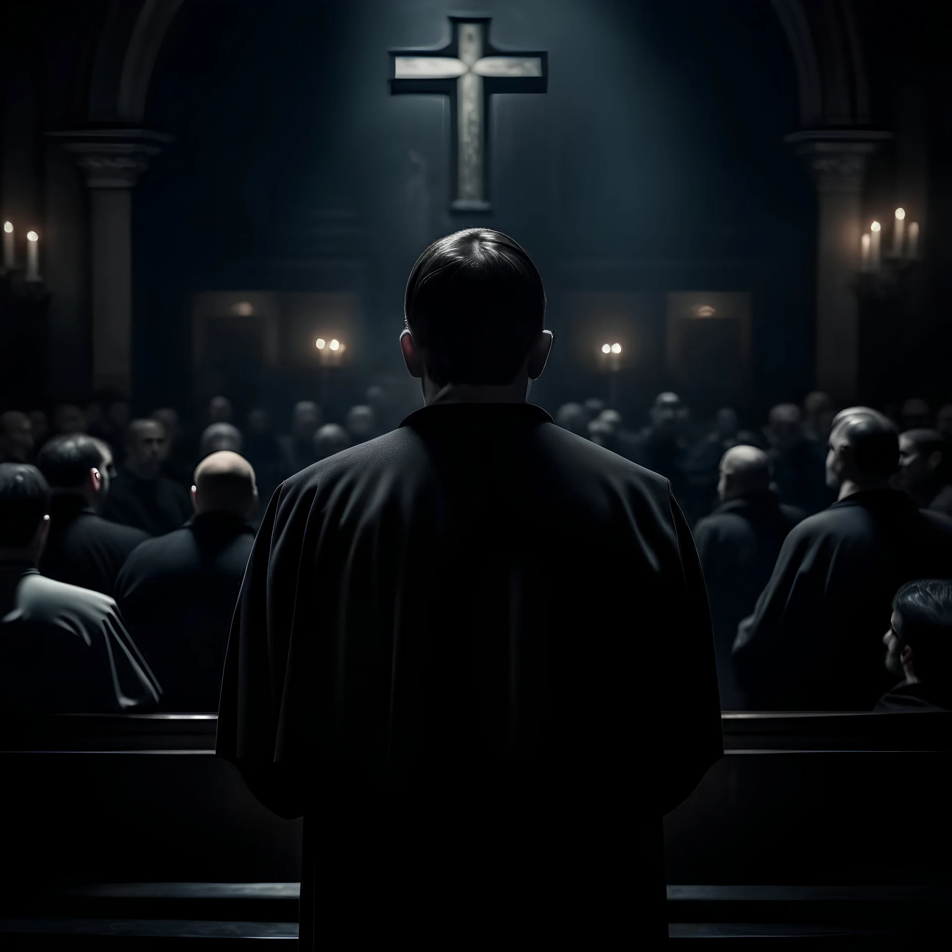 a priest in front of a crowd from behind. in the background a crucified in a circle. dark atmosphere