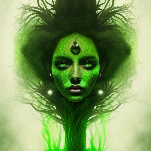 magnificient black medusa, spray paint, chalk, green background forest, magic light fountain, green background