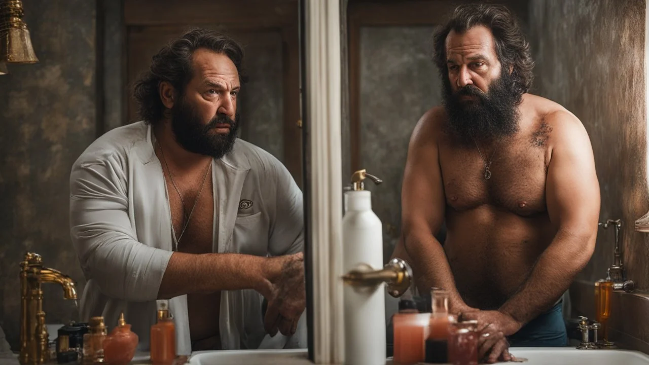 two ugly muscular chubby arab 40 years old similar to bud spencer, very detailed, full figure shot, very realistic photography, dim light, view from below, tiled restroom, tattoo, masculine bearded, white substance dripping from beard, with glue stuck to and dripping from beard,, , mature barely burly bearded muscled and robust