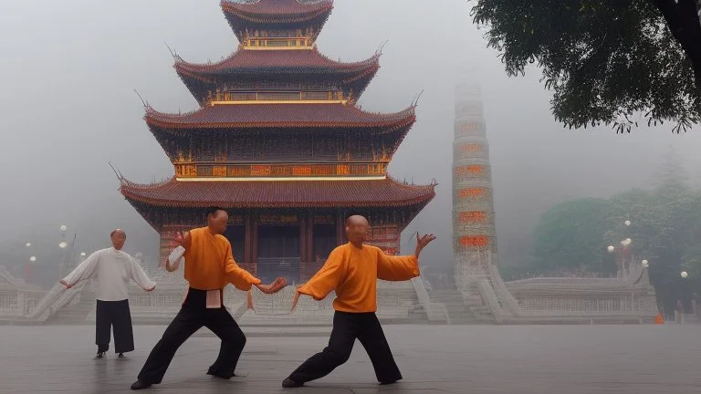 Monk playing tai chi at front of temple mt bu tong in misty morning