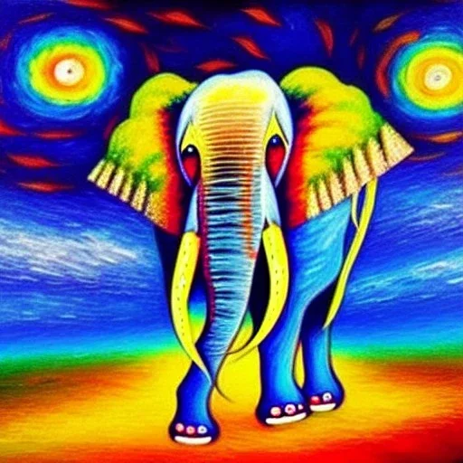 Dibujo al oleo de un elefante indio pintado con muchas nubes de colores estilo Vincent van Gogh