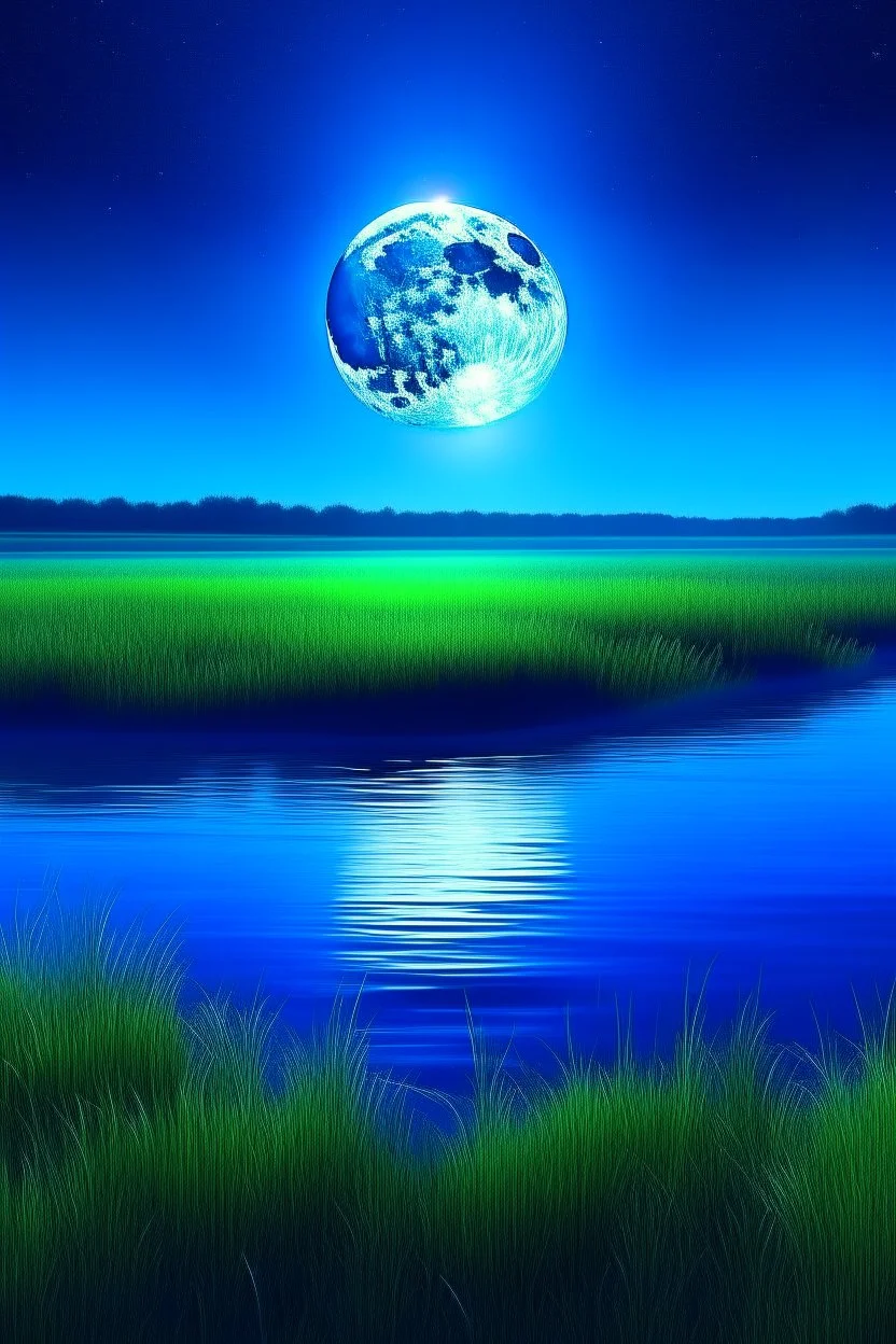 a calming full, blue moon over a grassy field with water