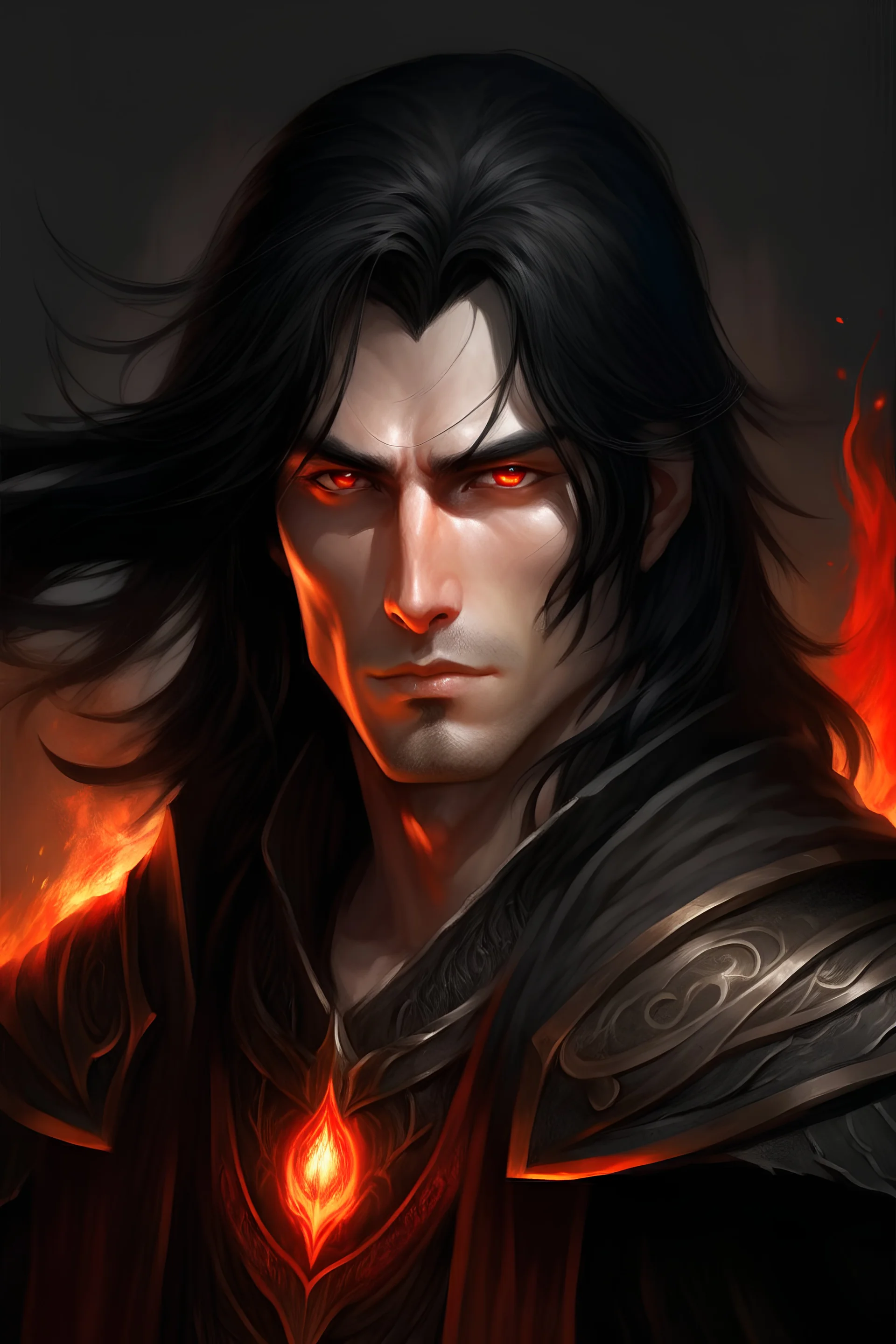 A striking fantasy Lord Of The Rings like man with mid-length black hair, exuding an air of aggression. His fiery red eyes hint at mystery and intelligence.