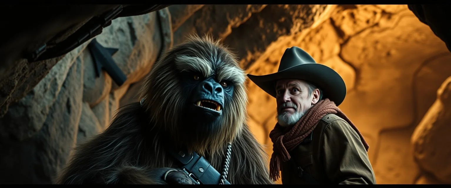 movie poster, soap opera, portrait interview cowboy Abominable Yeti in space ship in cave