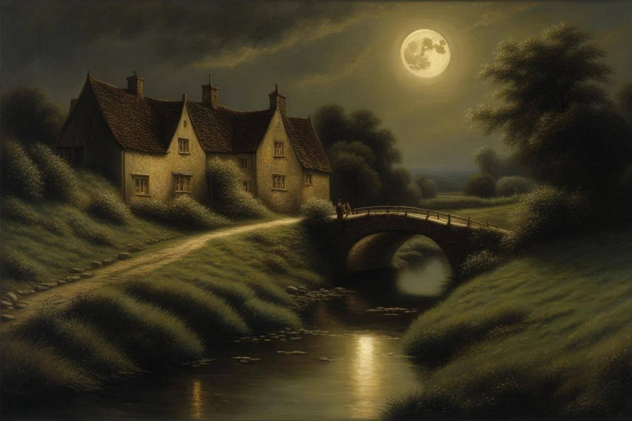 A Cotswold village, a brook, a bridge, Full moon, beautiful celestial sky, Milky Way, hyper-detailed art by Ivan Kramskoi. elegant intricate oil on canvas beautiful high detail award winning fantastic view crisp quality hdr