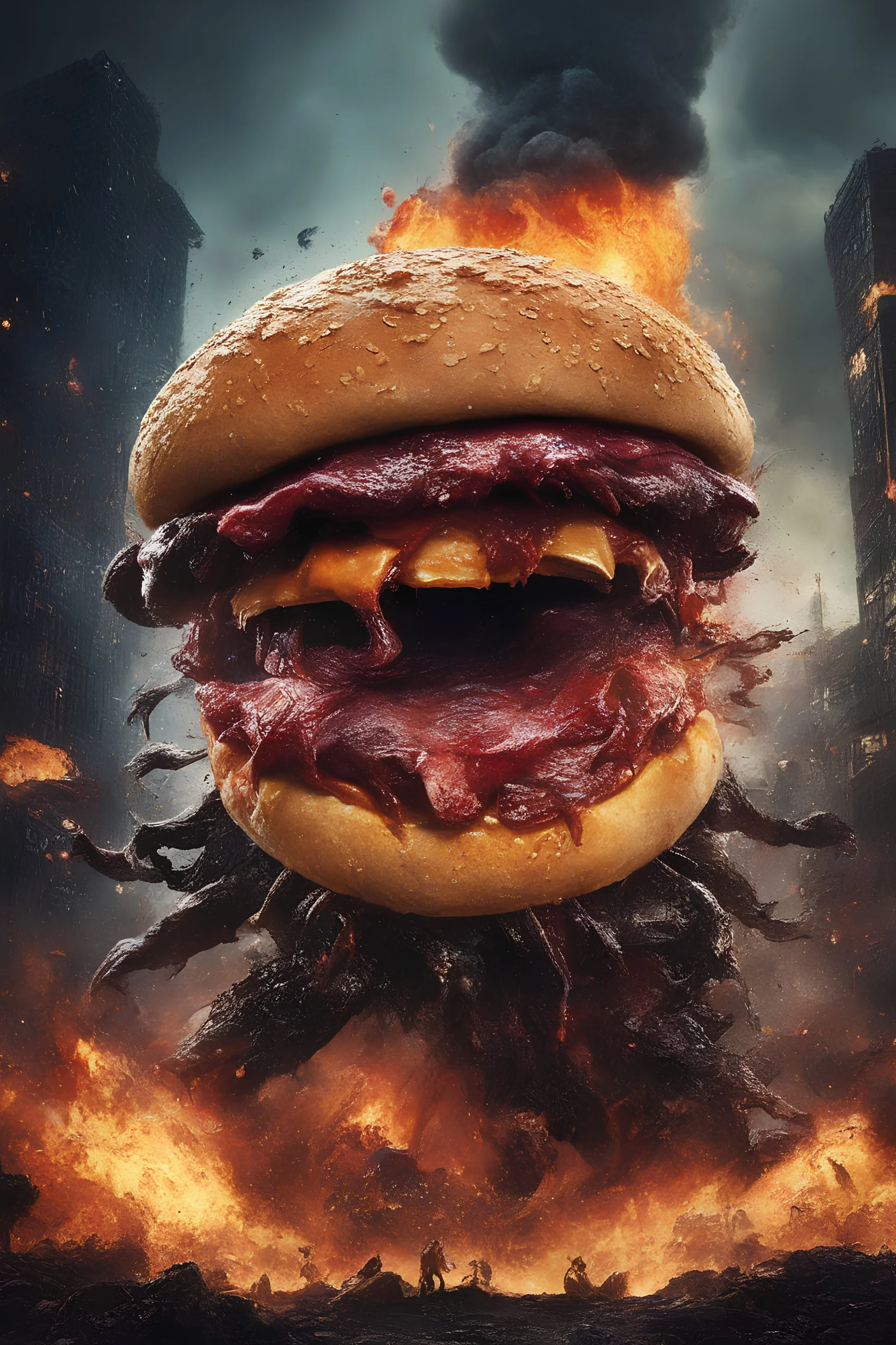 Movie Poster - a Giant, Slimy, Radioactive, Mutant Hamburger Patty Monster, dripping puss and blood, extremely exaggerated muscles, fire, molten flowing lava, blackness, apocalyptic wasteland, burning buildings, explosions, multicolored lightning, horror, fright, fear, heavy metal music, hard rock music, Singing, dancing, vampires, werewolves, dark scary monsters, things that go bump in the night, photorealistic, -- ar 9:16 -- style raw,