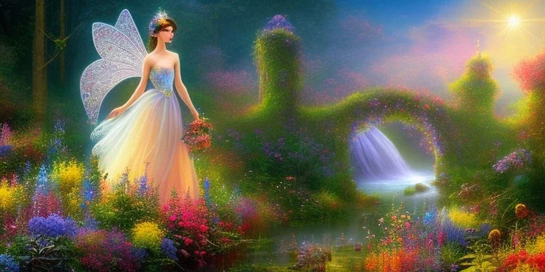 bright fairy, beautiful portrait, flowery landscape