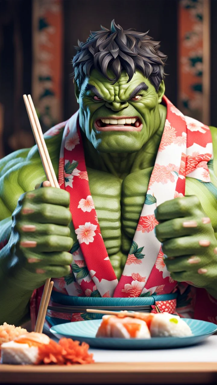 a hulk eating sushi with chopsticks, wearing a colorful kimono, 8k
