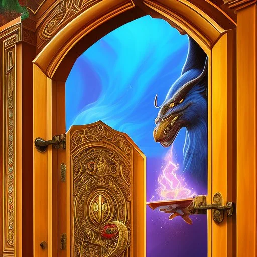 Half opened massive wooden door with lots of engraved magical symbols. Colorfull magical smoke coming out of the door opening. Harry Potter. Magical. Epic. Dramatic, highly detailed, digital painting, masterpiece