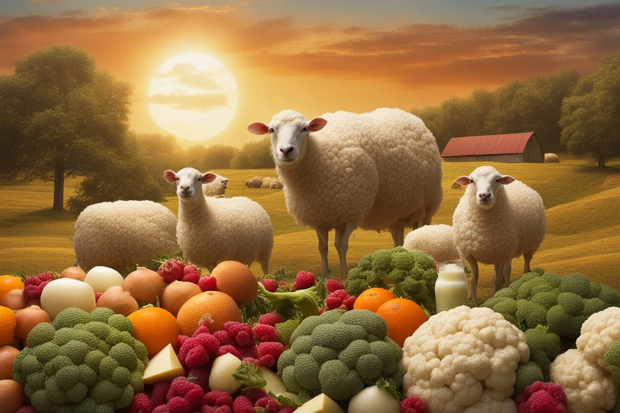 lifelike photography, vegetable and fruit landscape, broccoli forest, chive field, cauliflower sheep, orange sun, whipped milk clouds, raspberry flowers, cheese barn and haystack in sunshine, surrealistic