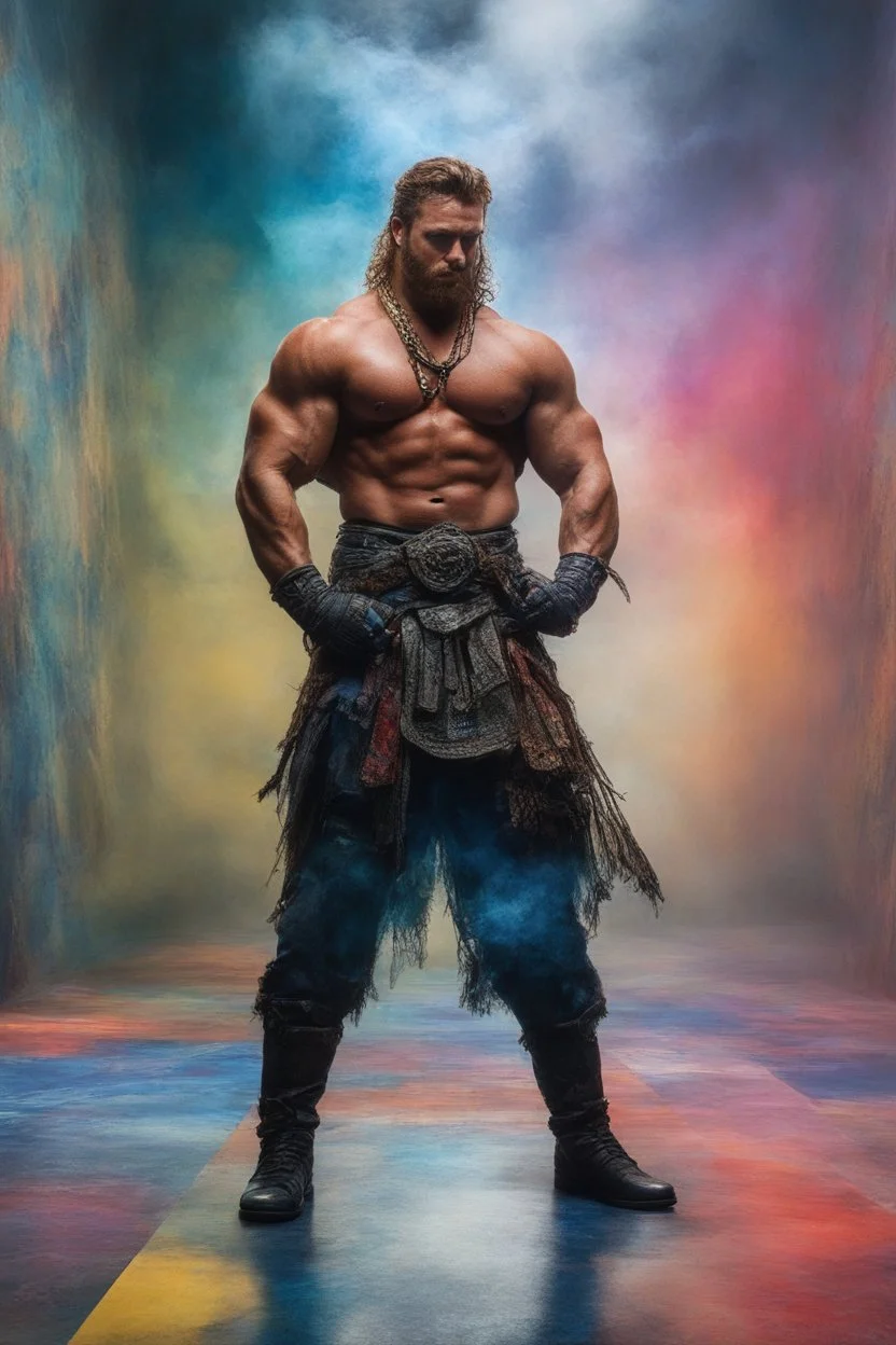 Connor Macleod, the Highlander, extremely huge, overexaggerated muscles, posing and flexing in a front of the camera, random extreme action poses, an extremely colorful, multicolored foggy blue marble wall in the background with a colorful marble tile floor, multicolored lightning, realism engine,