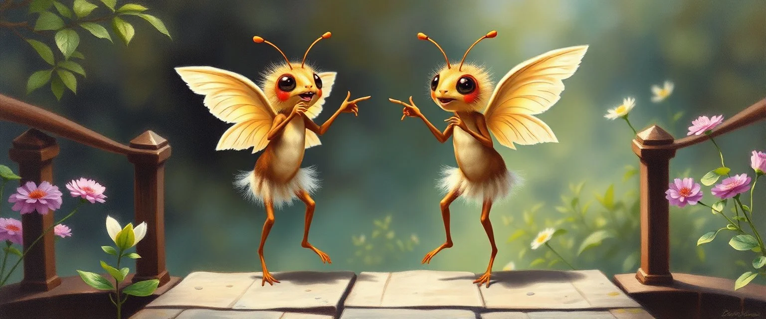 two totally symmetric dancing fluffy angel gremlin slug ant nice cheerleader singing on bridge pointing down in garden , full body portrait T-pose strong aura, oil painting and air brush