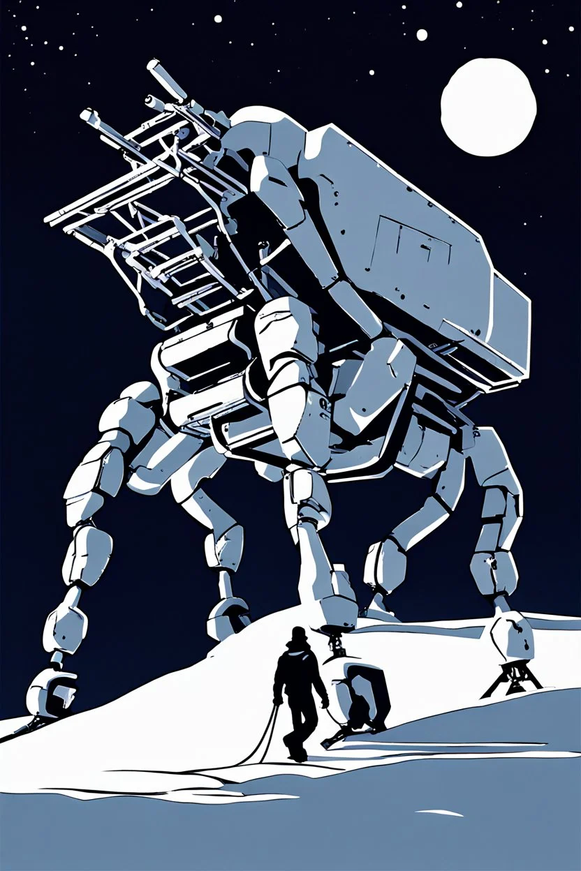 a minimalist silhouette of a sleek mechanical walker with eight legs scaling a very steep snow covered side of mout everest at night, it has a smooth surface, it has storage pods on its belly and humans can fit in the pods