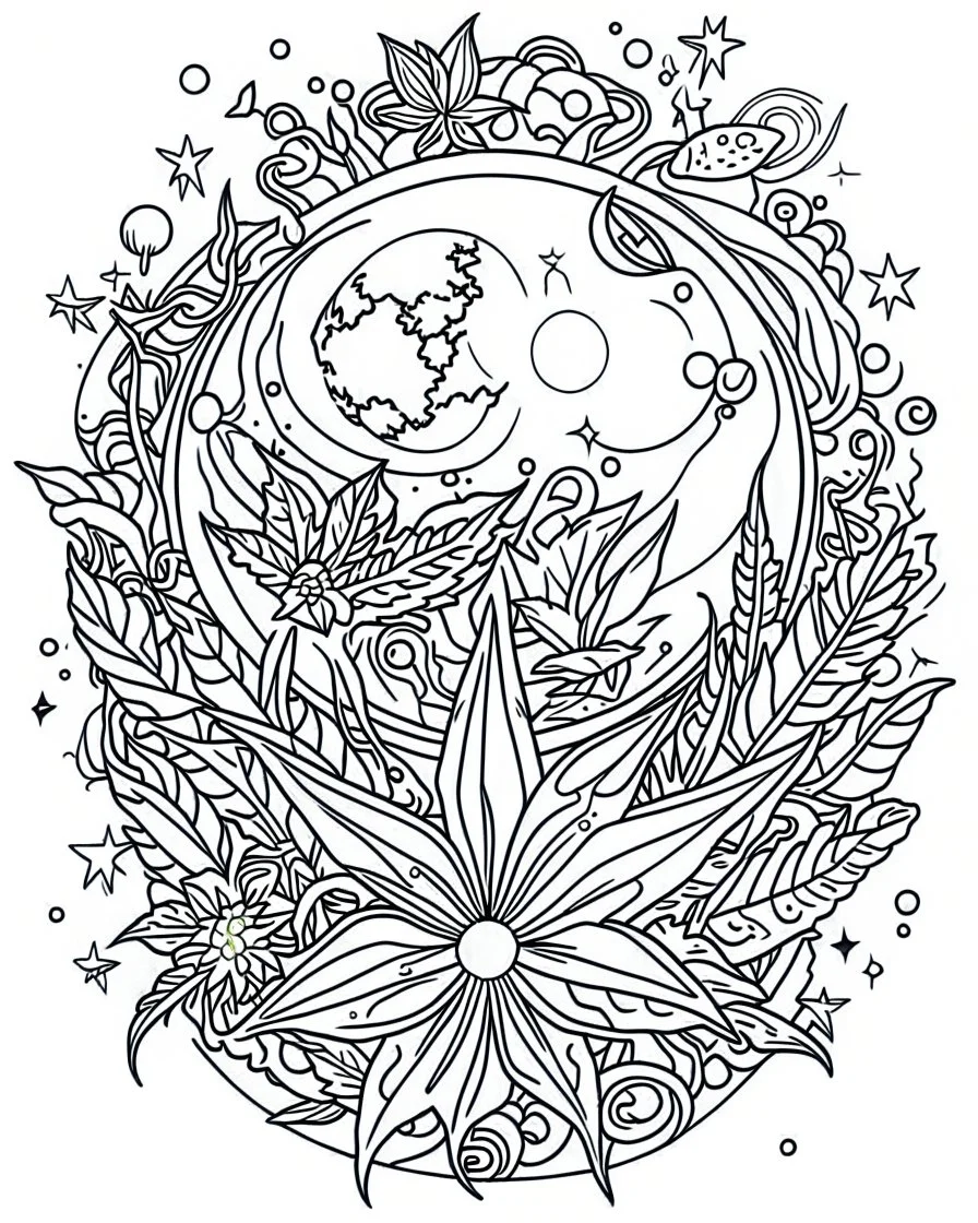 outline art for stoners coloring pages with A very simple and minimal design featuringA trippy cosmic journey through space, with planets and stars morphing into cannabis leaves, white background, sketch style, fully body, only use outline, mandala style, clean line art, white background, no shadows and clear and well outlined