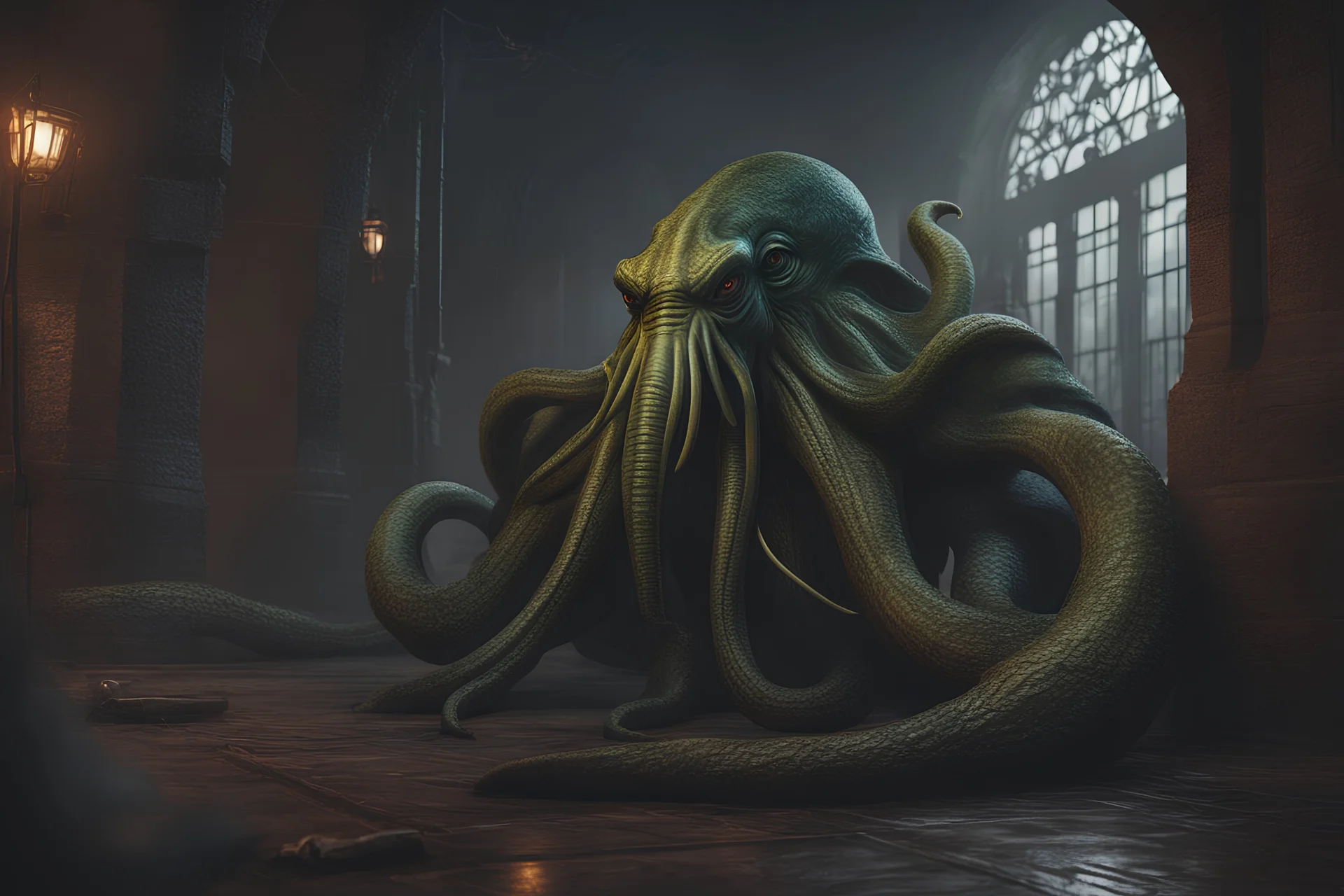 Huge Cthulhu in 8k LDR art style, chains, prison, LDR them, cinematic mood, close picture, highly detailed, high details, detailed portrait, masterpiece,ultra detailed, ultra quality