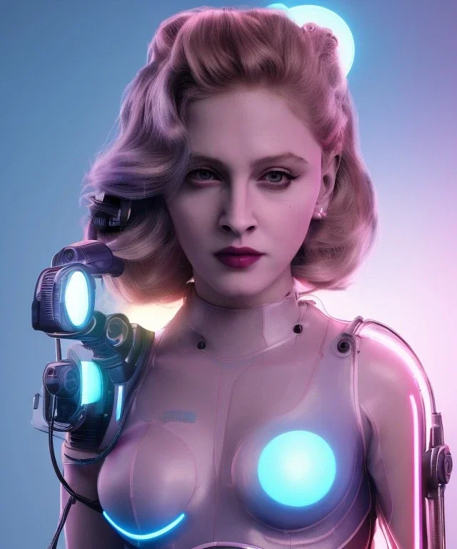 Artist, young madonna, android woman, sweet, blonde, white skin, long eyeliner, purpurin, glossy lips, make-up, color leds lights, cables, short hair, circuits, cyberpunk, latex coat, cyber punk, neon, portrait, studio photo, unreal engine 5, soft color, 16 bit, god lights, ray tracing, RTX, lumen lighting, ultra deatail, volumetric lighting, 3d, finely drawn, hd.