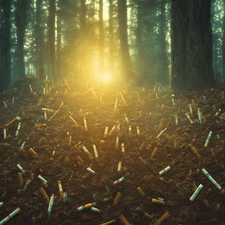 a forest made of cigarette butts. post-apocalyptic, hyperdetailed, lens flare, bokeh, low-key lighting, kodachrome