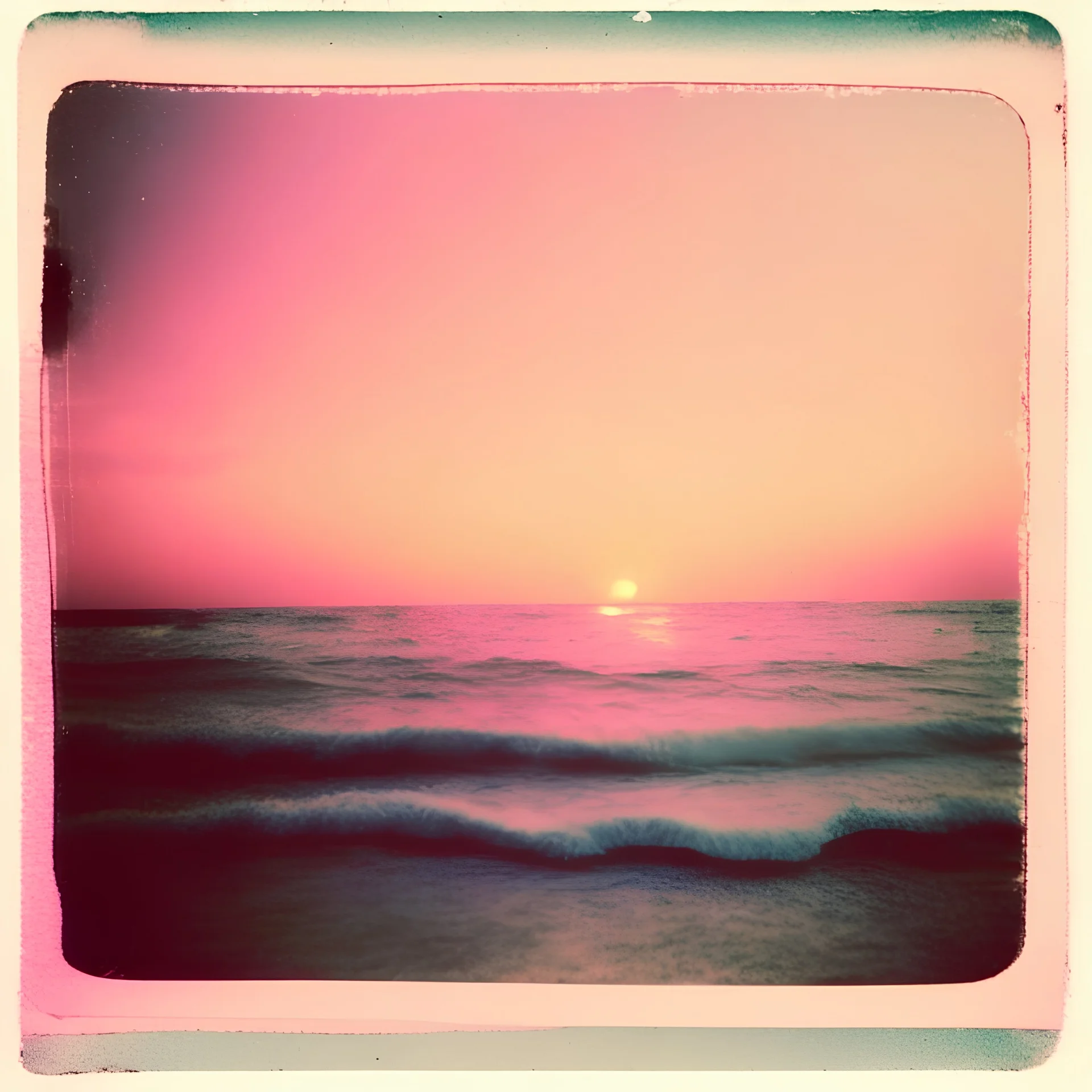 Photographic, Sea, soft pink waves, polaroid with damaged border, 1968, sunset, scotch tape