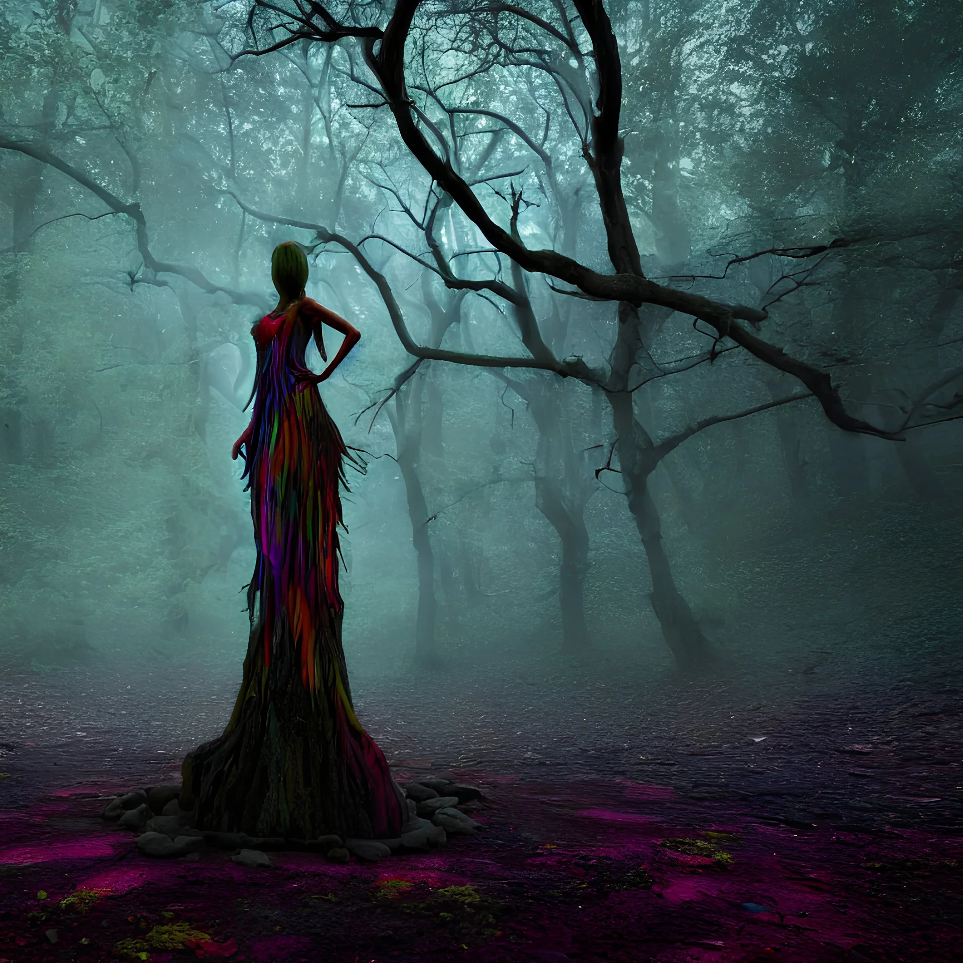 A fea fairy in the a dark but colourful forest,Eerie, otherworldly, magnificent, majestic, highly intricate gigantic derelict statue in a flat misty desert. Realistic photography, incredibly detailed, ultra high resolution, 8k, complex 3d render, cinema 4d.