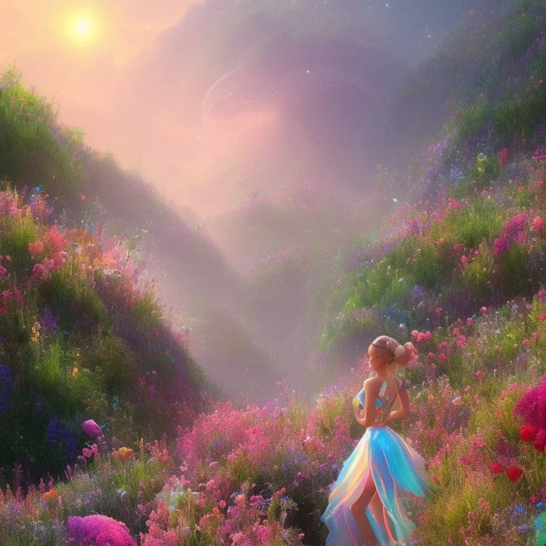 bright fairy in a flowery landscape synthwave, colorful, psychedelic, artstation, concept art, smooth, extremely sharp detail, finely tuned detail, ultra high definition, 8 k