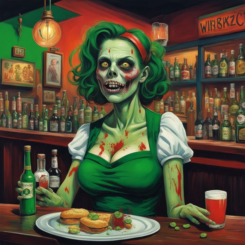 Surreal horror style by George Harriman and Derek Riggs, 2/3 portrait of a busty zombie waitress at a St. Patrick Day Irish bar, Whiskey and guiness beers on tray, zombiecore, bright primary colors, weirdcore, unsettling, asymmetric diagonal abstractions, oddball masterpiece, wildin out,