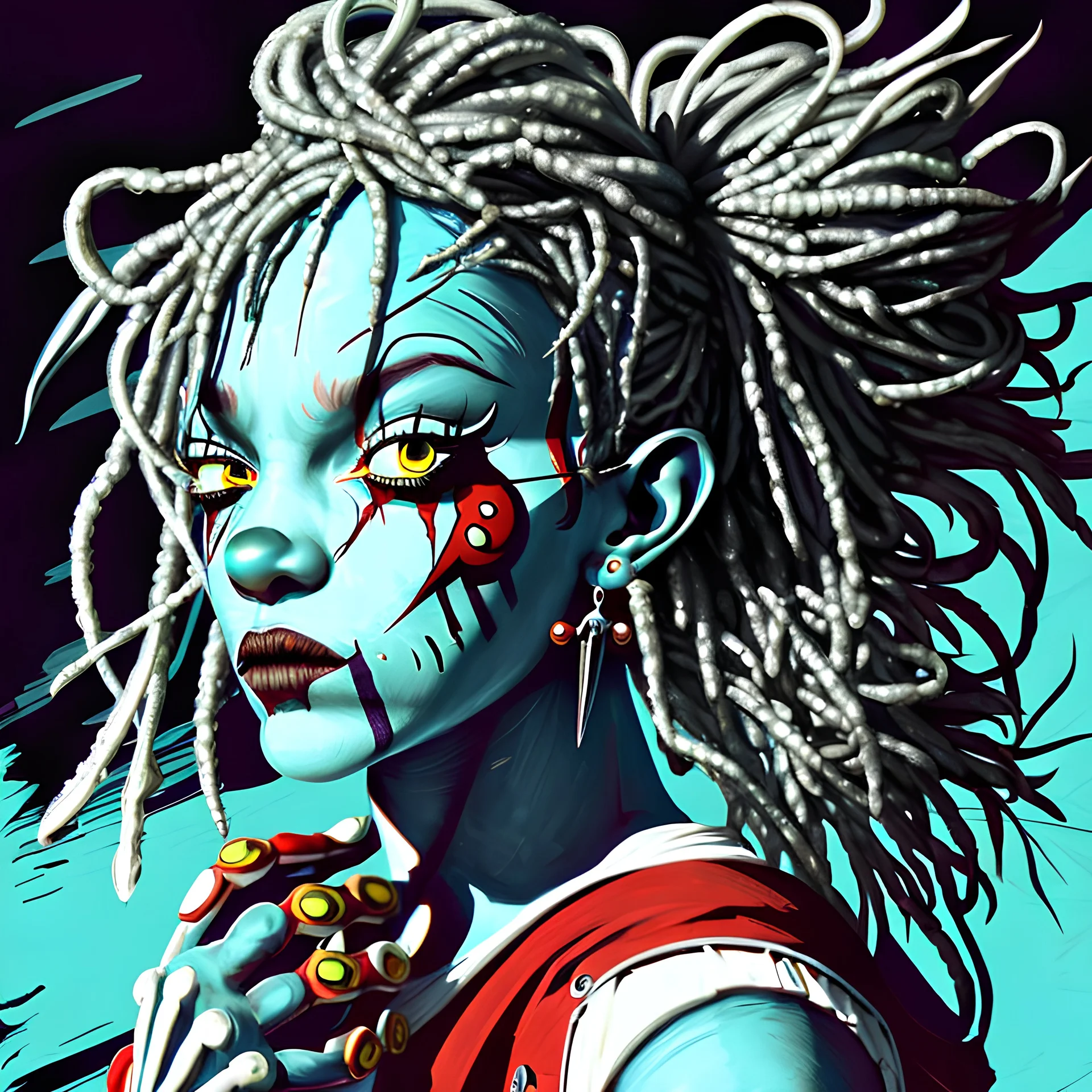 A digital NFT character drawing inspired by Jean-Michel Basquiat's art style, presenting a unique blend of Assassin's Creed attire with a twist of clown aesthetics. This character features blue dreadlocks and assassin-like gear, adorned with the vibrant, complex, and symbolic details reminiscent of Basquiat's work. The creation should masterfully incorporate elements of mixed media art, executed in high-dynamic-range (HDR) color grading for a dynamic and captivating composition.